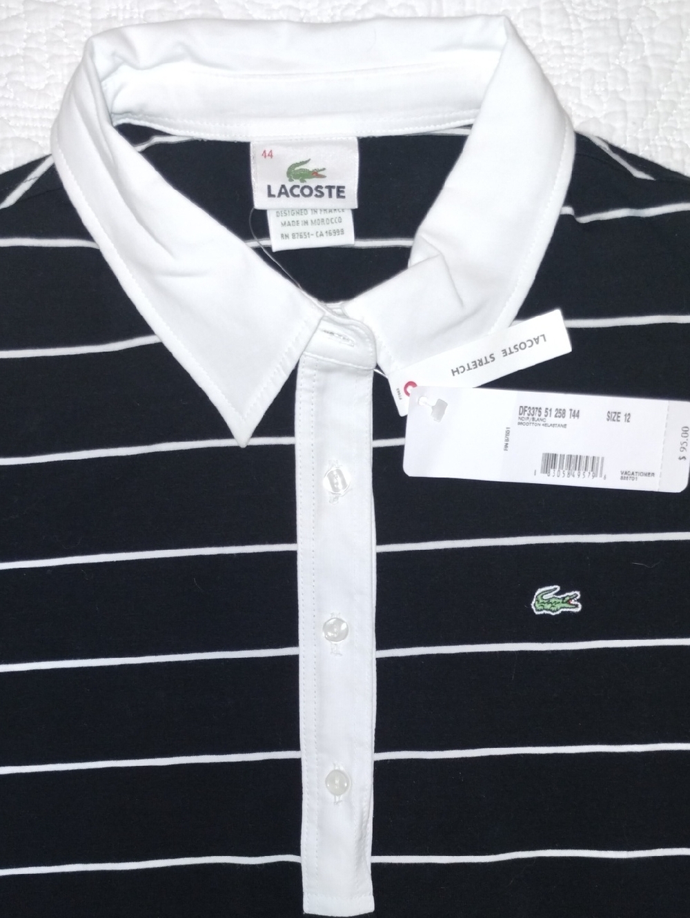 Lacoste Black Polo Top with White Stripes & White Collar - Picture 2 of 7